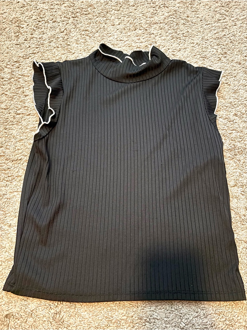 Black Ribbed Mock-Neck Sleeveless Tank with White Ruffle Trim
